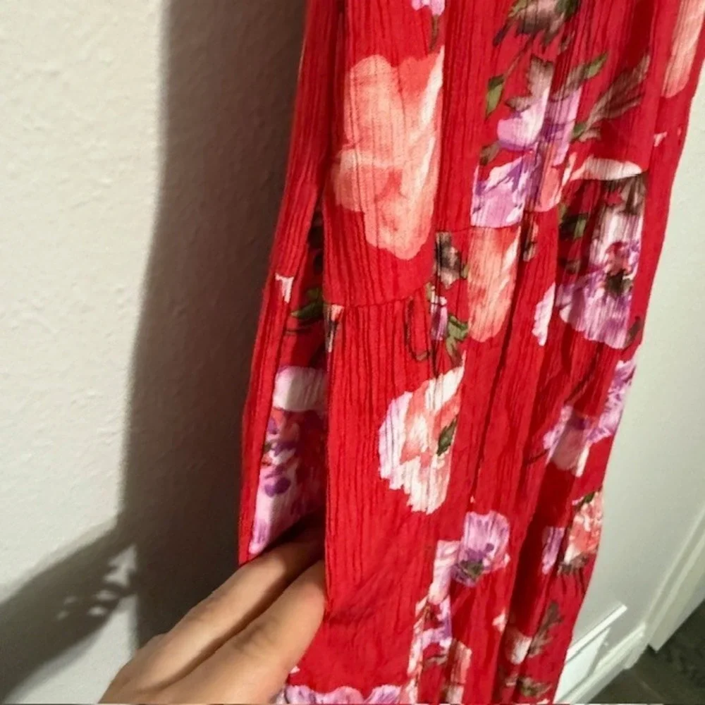 Abercrombie & Fitch Red Floral Smocked Tiered Maxi Dress Pockets Small